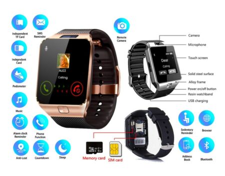 Montre connectée Tactile, Emplacement Carte sim et Carte mémoire