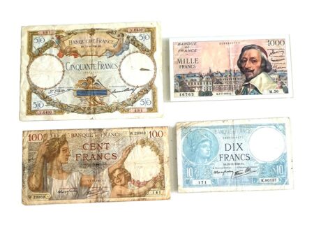 Lot de 4 Billets de Banques France - 1 Billet de 50 Francs 1930 + 1 Billet de 1000 Francs 1954 + 1 Billet de 100 Francs et un Billet de 10 Francs 1940