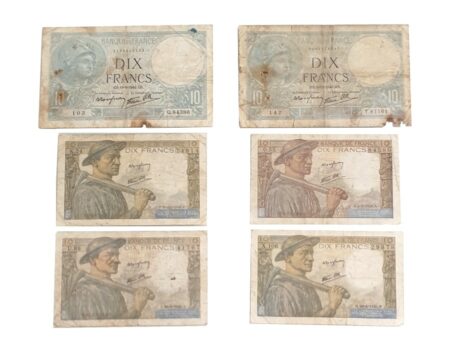 Lot de 6 Billets de Banques France - 2 Billets de 10 Francs 1940, 1941 + 4 Billets de 10 Francs 1942, 1943, 1945, 1945