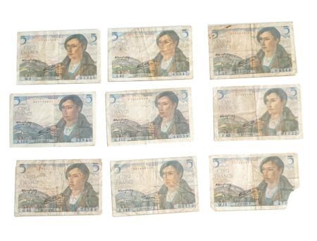 Lot de 9 Billets de Banques France - 9 Billets de 5 Francs 1943, 1943, 1943, 1943, 1943, 1943, 1945, 1947, 1947