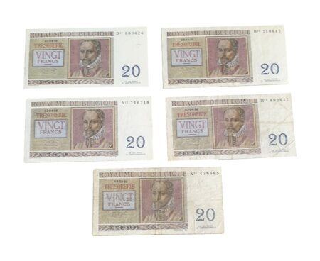 Lot de 5 Billets de Banques Belgique - 5 Billets de 20 Francs 1956, 1956, 1956, 1956, 1956