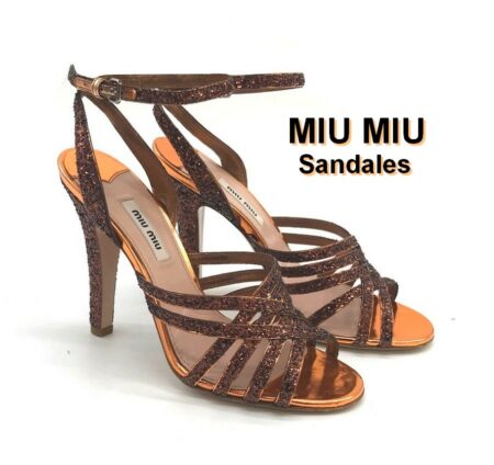 MIU MIU - Sandales à talons marron et bronze pailletées en cuir