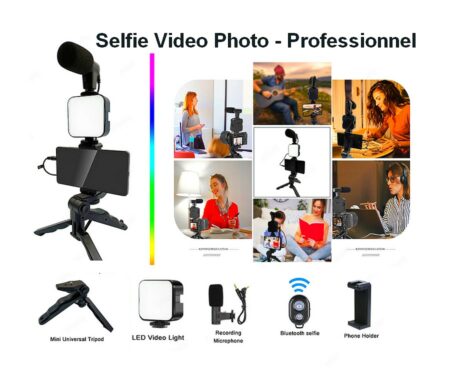 Selfie Vidéo Photo - Professionnel - Support Smartphone, Éclairage LED de Photographie, Kit Vidéo, Microphone, Selfie avec Poignée d'Enregistrement
