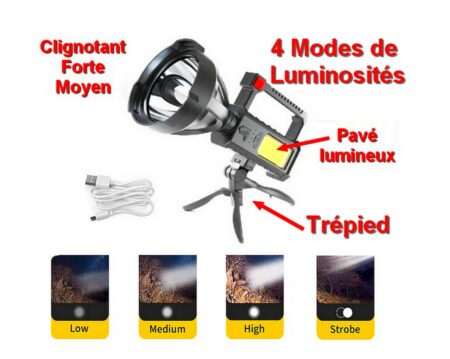 Lampe Projecteurs rechargeables USB - IP65 Etanche - 4 modes de lumières ( FORTE - MOYEN - CLINIOTANT et Pavé LUNIMEUX - Avec Trépied et accessoire