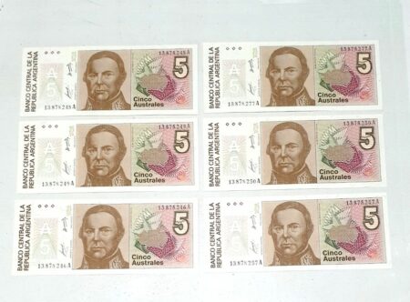 Lot de 6 billets de banques Argentine 5 Australes