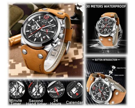 Montre sport à quartz étanche Chronographe automatique Date bracelet cuir
