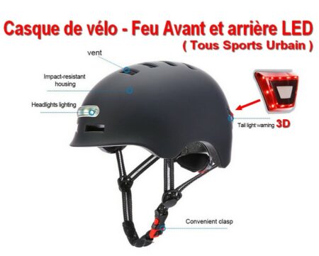 Sport - Casque de Vélo ou tous SPORTS URBAIN avec Feu LED Avant et Arrière et sangle de maintien