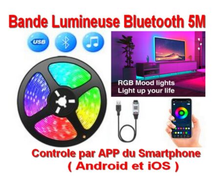 Bande Lumineuse Bluetooth 5 mètres - Contrôle par Application du Smartphone - ( Androïde et iOS )