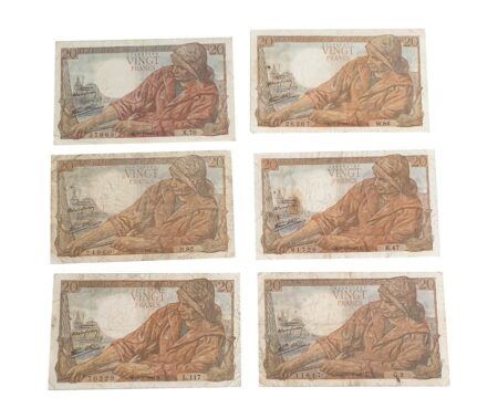 Lot de 6 Billets de Banques France - 6 Billets de 20 Francs 1942, 1942, 1943, 1943, 1943, 1944