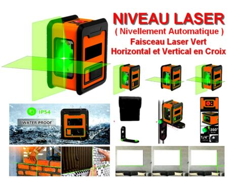 Niveau Laser - Nivellement Automatique - Faisceau Vert Horizontal , Vertical et en Croix