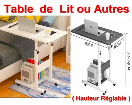 Table ( Neuve ) d'Appoint pour Lit ou Autres - Hauteur Réglable de 72 à 86 cm