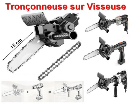 Tronçonneuse Adaptable sur Electroportatif Type Visseuse , Perceuse ou Autres + Accessoires ( 2 Chaines et 1 Poignet )