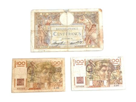 Lot de 3 Billets de Banques France - 1 Billet de 100 Francs 1936 + 2 Billets de 100 Francs 1947, 1954