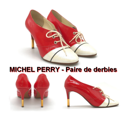 MICHEL PERRY - Paire de derbies à lacets en cuir verni rouge et écru