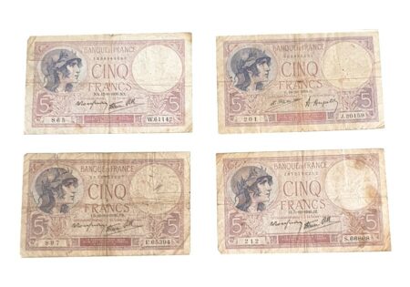 Lot de 4 Billets de Banques France - 4 Billets de 5 Francs Violet - 1924, 1939, 1939, 1940