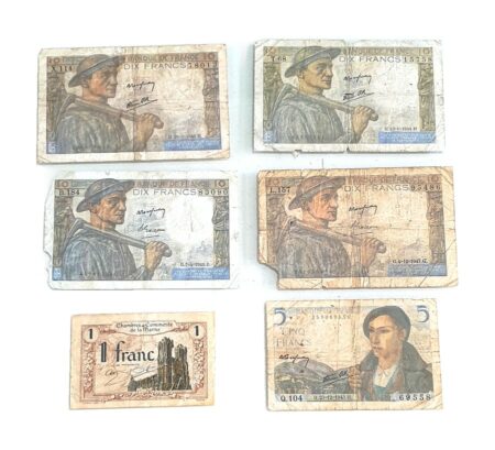 Lot de 6 Billets de Banques France - 4 Billets de 10 Francs 1944, 1946, 1947, 1949 + 1 Billet de 5 Francs 1943 + 1 Billet de 1 Francs Chambre de Commerce de la Marne