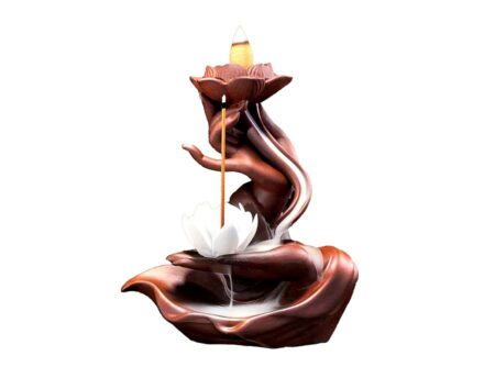 Porte encens à reflux Main de Bouddha et Fleur de Lotus encensoir + Emplacement bâtons d'encens - Modèle B
