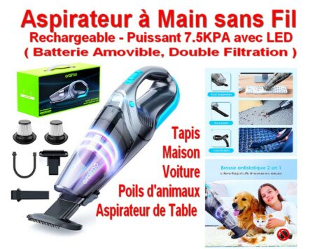 Aspirateur à Main sans Fil - Rechargeable puissant 7,5Kpa avec LED - Batterie Amovible et Double Filtration - Tapis -  Maison - Voiture - Poils d'animaux - Aspirateur de table