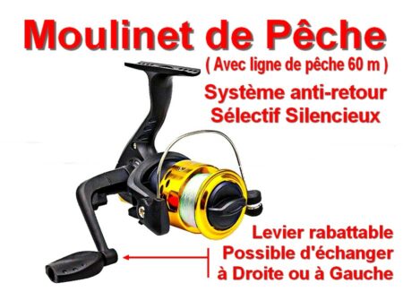 Moulinet de Pêche avec ligne de 60 ml - Système anti Retour - Sélectif Silencieux - Levier Rabattable et Possible d'échanger à Droite ou à Gauche