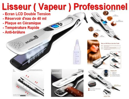 Lisseur ( VAPEUR ) NEUF Professionnel - Dans son coffret de Présentation - Ecran LCD double Tension - Réservoir d'eau 40 ml - Plaque Céramique - Température Rapide et Anti Brûlure