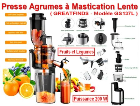 Presse Agrumes ( NEUF ) Dans son Carton D'Origine à Mastication Lente - Marque GREATFINDS - Modèle GS137L - Puissance 200W