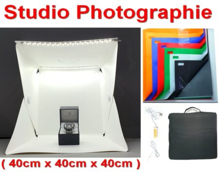Studio Photographie avec LED intégré + 6 Tapis de Fonds de Divers Couleurs + Cable d'alimentation + Sac de Transport