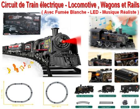 Circuit de Locomotive ( Métallique ) à Vapeur électrique avec Wagons et Rails - Fumée Blanche ( Fonctionne avec Eau ) + LED et Musique Réaliste