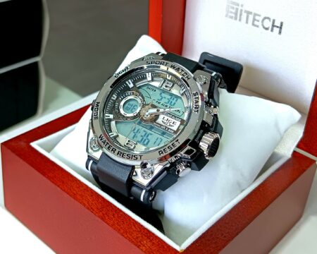 Montre Homme Sport ( Noir et Argenté ) Avec Coffret LUXE en Bois de Présentation