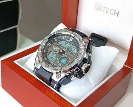Montre Homme Sport ( Noir et Argenté ) Avec Coffret LUXE en Bois de Présentation