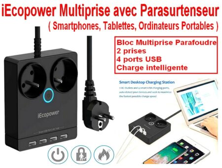 Multiprise ( iEcopower ) ( NEUF ) avec Parasurtenseur - Bloc Multiprise Parafoudre avec 2 Prises standard + 4 Ports USB pour Smartphone Tablettes Ordinateurs Portable et autres - Charge Intelligente