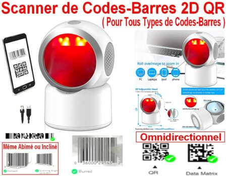 Scanner de Codes-Barres Omnidirectionnel ( Tous Types de Codes-Barres ) - Pour Toute Numérisation de Paiement - Entreprise ou Personnel