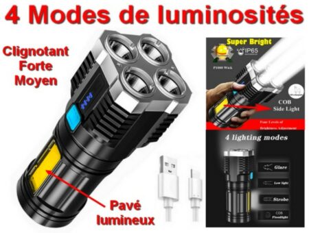 Lampe Projecteurs rechargeables USB - IP65 Etanche - 4 modes de lumières ( FORTE - MOYEN - CLINIOTANT et Pavé LUNIMEUX )