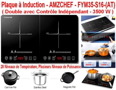 Plaque à Induction - AMZCHEF - FYM35-S16-(AT) - Tactile - Plaque Double avec Contrôle Indépendant - 3500W - 20 Niveaux de Températeur et plusieurs Niveau de Puissance