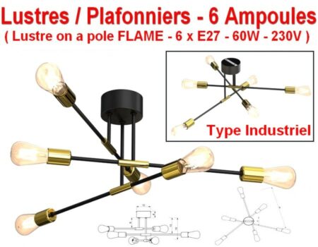 Lustre / Plafonniers - 3 Branches - Réf : Lustre on a pole FLAME ) - ( Article NEUF ) - Ampoule E27 non inclue