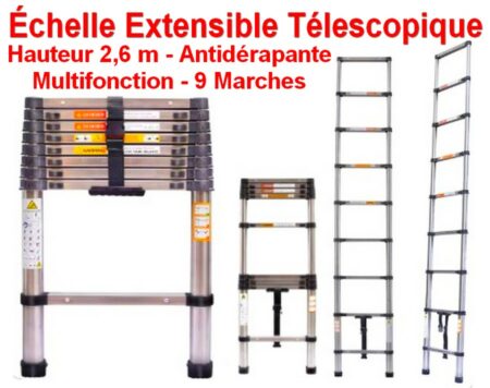Échelle Extensible Télescopique - Hauteur 2,6M - Antidérapante - Multifonction - 9 Marches
