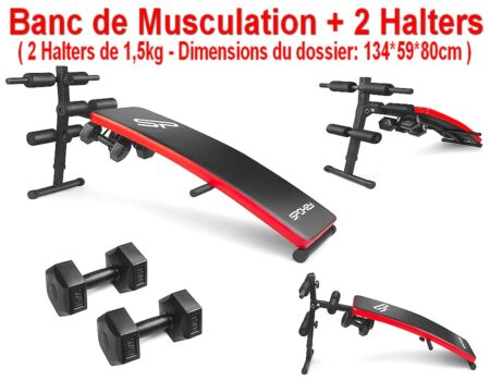 Banc de Musculation Dimensions du Dossier ( 134 x 59 x 80 cm )+ 2 Halters de 1.5Kg