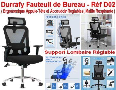 Durrafy Fauteuil de Bureau - Réf D02 - Ergonomique avec Support Lombaire Réglabe - Appuis Tête et Accoudoire Réglable - Maille Respirante