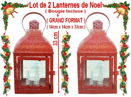 Lot de 2 Lanternes de Noel ( GRAND FORMAT ) ( 14cm x 14cm x 33cm ) avec une Bougie Incluse