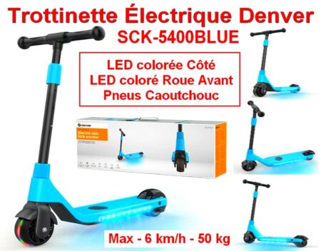 Trottinette ( NEUVE ) Électrique Sck-5400Blue - Moteur 80W. Batterie Rechargeable De 2000 Mah - Vitesse Max 6 Km/h et Max 50 kg - LED colorée Côté - LED coloré Roue Avant - Pneus Caoutchouc