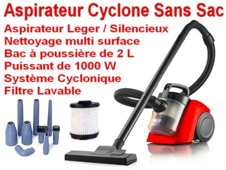 Aspirateur Cyclone Sans Sac - Leger - Silencieux - Nettoyage Multi Surface - Filtre Lavable - Puissant 1000w - Bac à Poussière 2 Litres