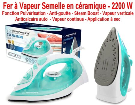 Fer à Repasser 2000W - Semelle en Céramique - Fonction Pulvérisation - Anti-goutte - Steam Boost - Vapeur verticale - Anticalcaire auto  - Vapeur continue - Application à sec