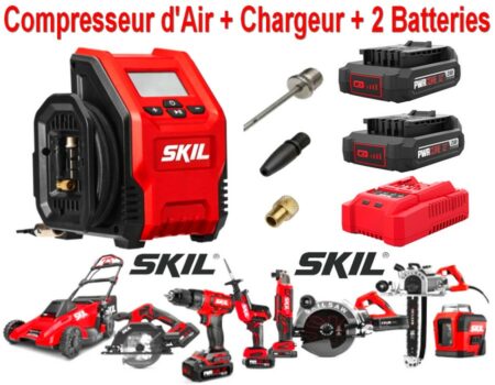 Compresseur d'Aire SKIL PWRCore12 Rechargeable - Écran LCD - Avec 2 Batteries Lithium ion + Chargeur et Accessoires - Manomètre Numérique - surveillance PSI en temps réel - Réglage de la Pression avec arrêt automatique