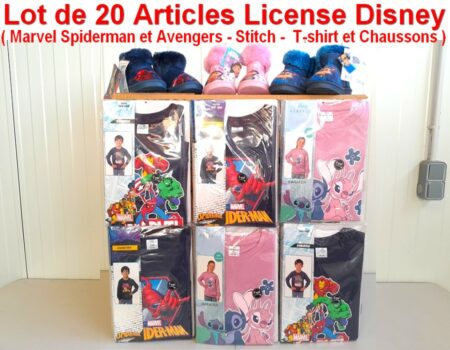 Lot de 20 Articles License Disney - Marvel Spiderman et Avengers - Stitch - T-shirt et Chaussons
