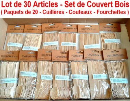 Lot de 30 Articles NEUFS - Set de Couvert en Bois - ( Paquets de 20 - Cuillères - Couteaux - Fourchettes )
