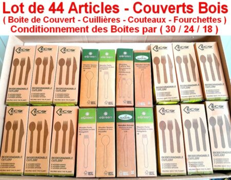 Lot de 44 Articles NEUFS - Couverts en Bois - ( Boîtes de Couverts - Cuillères - Couteaux - Fourchettes ) - Conditionnement des Boîtes par ( 30 / 24 / 18 )