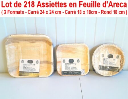 Lot de 218 Assiettes en Feuille d'Areca ( NEUVES ) - 3 Formats - Carré 24cm x 24cm - Carré 18cm x 18cm - Rond 18cm